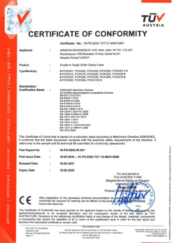 Certificat de grue à portique CE