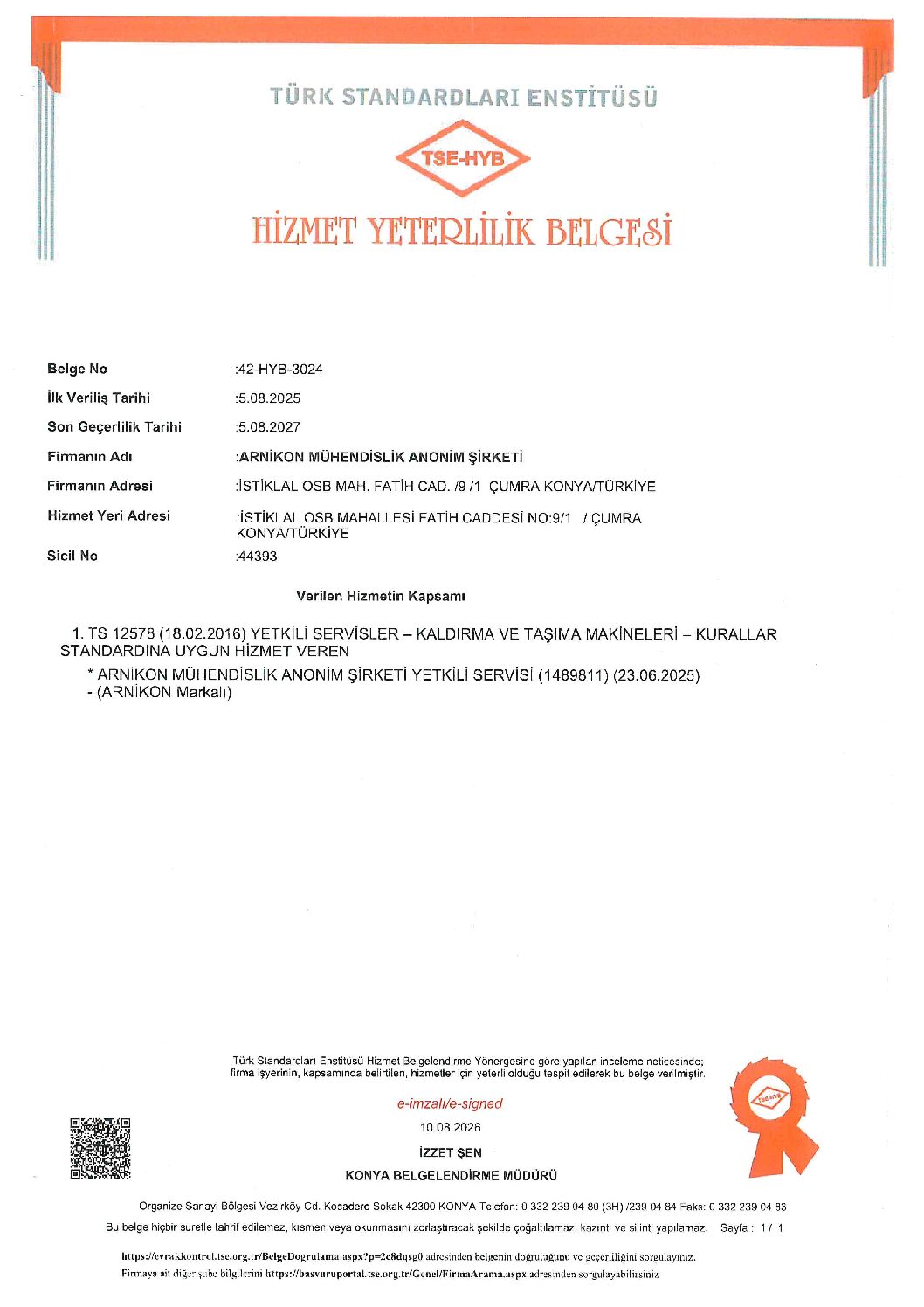 1. TSE TS 12578 HİZMET YETERLİLİK BELGESİ
